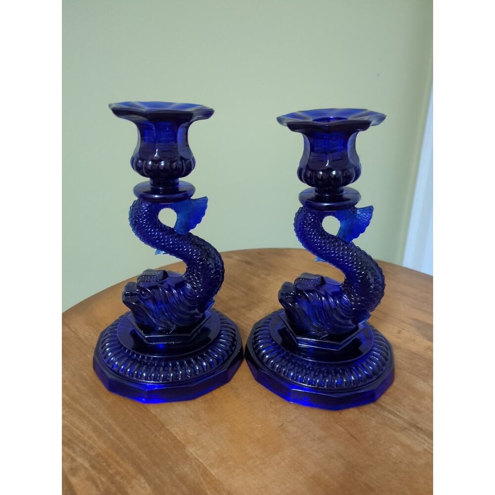 Portieux Vallerysthal Blue Dolphin Chinese Dragon Candlesticks